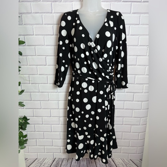 Maggy London Black and White Polka Dot wrap Long Sleeve midi Dress/size 14 - Picture 1 of 8